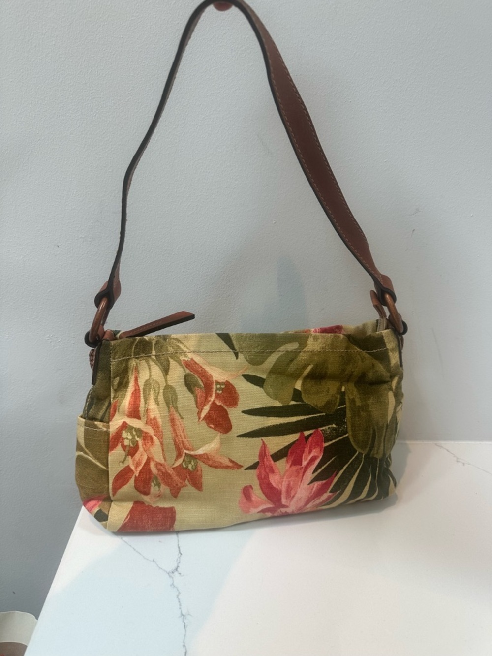 Fossil Floral Canvas Shoulder Bag in Olive & Coral
